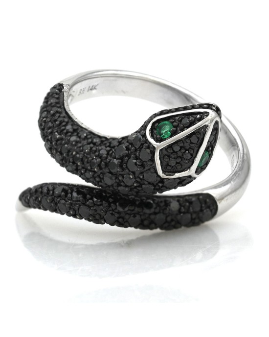 Effy Black Diamond and Emerald Snake Ring in White Gold